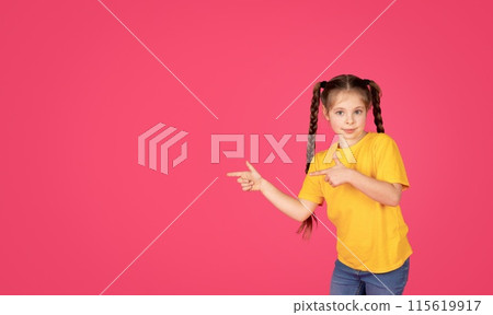 Nice Offer. Pretty Little Girl Pointing Aside With Two Fingers, Smiling Cute Preteen Female Child Demonstrating Copy Space For Advertisement Design Over Pink Studio Background, Panorama 115619917