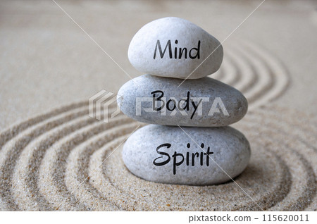 Mind, body and soul text on zen stones with sand background 115620011