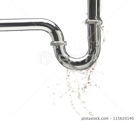 Leaking water from chromium stainless steel pipe under sink. Drain leak water from pipe plumbing in bathroom as water always drop. White background isolated 115620140