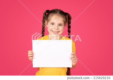 Portrait Of Smiling Little Girl Holding Blank White Placard In Hands, Happy Preteen Female Kid Demonstrating Copy Space For Your Text Or Design, Showing Empty Board, Standing Over Pink Background Portrait Of Smiling Little Girl Holding Blank White Placard In Hands, Happy Preteen Female Kid Demonstrating Copy Space For Your Text Or Design, Showing Empty Board, Standing Over Pink Background 115620210