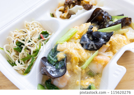 Delicious Chinese food, stir-fried shrimp with eggs and vegetables Delicious Chinese food, stir-fried shrimp with eggs and vegetables 115620276