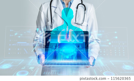 Artificial Intelligence AI in Healthcare Concept. Cropped of woman doctor showing pc computer laptop with human body holgram, double exposure, collage 115620365