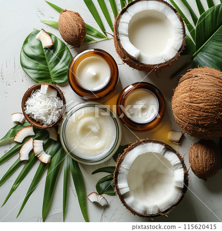 Coconut oil surrounded by whole halved coconuts along tropical leaves, concept handmade, copy space 115620415