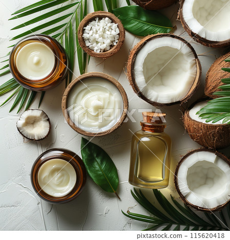 Coconut oil surrounded by whole halved coconuts along tropical leaves, concept handmade, copy space 115620418