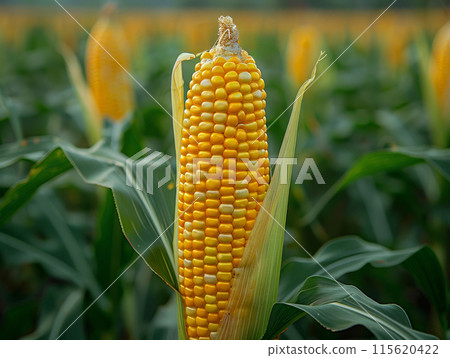 Close up one ear of corn husk partially removed, showing bright yellow kernels, corn harvest concept 115620422
