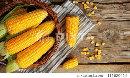 Fresh corn cobs on wooden background, organic vegetable harvest concept. 115620434