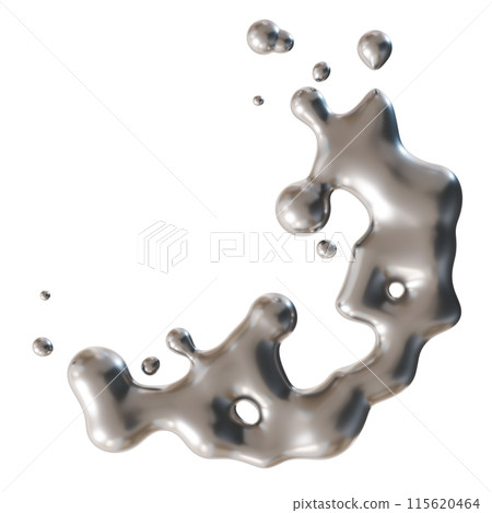 Dynamic silver liquid splash, isolated on white background. Futuristic fluid, metallic surface. Flowing, molten metal. Cut out graphic design element. Y2k style, 2000s. 3D render. Dynamic silver liquid splash, isolated on white background. Futuristic fluid, metallic surface. Flowing, molten metal. Cut out graphic design element. Y2k style, 2000s. 3D render. 115620464