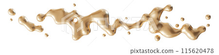 Dynamic golden liquid splashes isolated on white background. Elegant fluid, luxurious metallic surface. Flowing gold. Cut out wide graphic design element, can be used as divider, footer or header. 3D. Dynamic golden liquid splashes isolated on white background. Elegant fluid, luxurious metallic surface. Flowing gold. Cut out wide graphic design element, can be used as divider, footer or header. 3D. 115620478