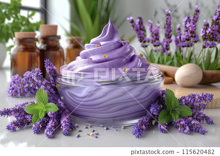 Jar natural skin care product surrounded herbs flowers white surface. Composition lavender flowers Jar natural skin care product surrounded herbs flowers white surface. Composition lavender flowers 115620482