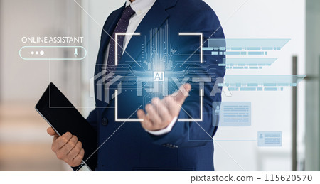 Cropped of businessman wearing formal black suit with digital tablet in his hand showing AI hologram, double explosure, collage for artificial intelligence in modern business concept 115620570