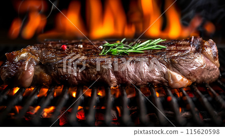 Close up view thick, juicy steak sizzling grill an open flame. The steak seasoned herbs spices 115620598