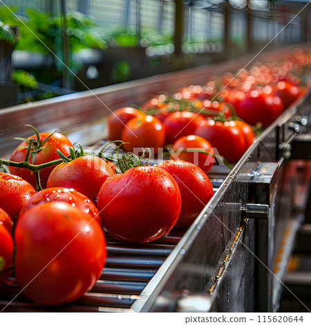 Fresh tomatoes being washed water jets processing facility, processing cooking, work process factory Fresh tomatoes being washed water jets processing facility, processing cooking, work process factory 115620644
