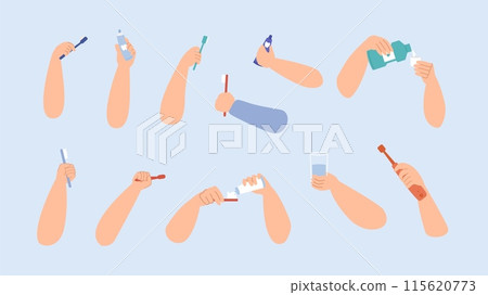 Dental and oral hygiene. Teeth brushes, pasta tubes in human hands. Adults children clean tooth and use rinse aid. Stomatology vector elements Dental and oral hygiene. Teeth brushes, pasta tubes in human hands. Adults children clean tooth and use rinse aid. Stomatology vector elements 115620773