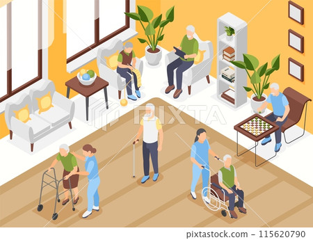 Isometric nursing home. Elderly people in room with chairs tables and sofa. Medical support for old, pension lifestyle and healthcare flawless vector scene 115620790