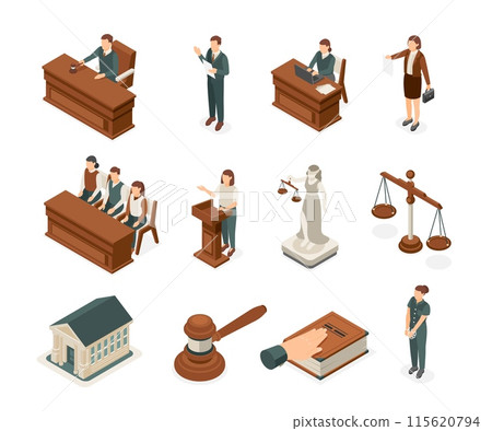 Isometric law elements. Lawyer and judge, witness testifies and jury. Femida statue, oath on book and judges gavel. Courthouse 3d flawless vector set 115620794
