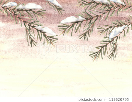 Snow on fir branches with needles banner. Spruce, pine or cedar trees evergreen snowy branch on watercolor background. Botanical hand drawn illustration for Christmas card template. Isolated clipart 115620795