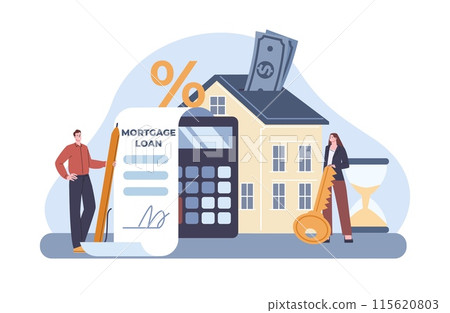 Mortgage loan concept. Financial support banking system for young family. Couple buy house and calculates interest on loan, kicky vector scene 115620803