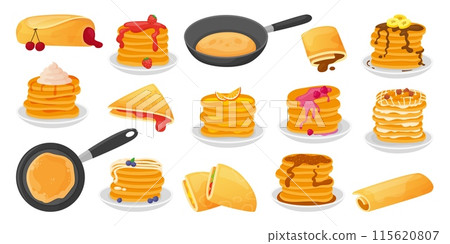 Pancakes set. Pancake in stack and on pan, sweet tasty homemade breakfast with toppings. Food with syrup, nuts, chocolate, berry, neoteric vector clipart Pancakes set. Pancake in stack and on pan, sweet tasty homemade breakfast with toppings. Food with syrup, nuts, chocolate, berry, neoteric vector clipart 115620807