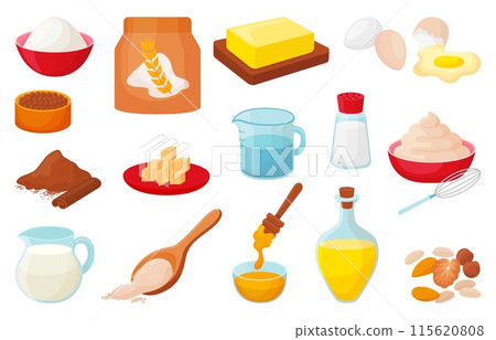 Cartoon baking ingredients. Flour pack, sugar in bowl, eggs and milk in glass jug. Butter cinnamon honey and oil. Cooking neoteric vector collection 115620808