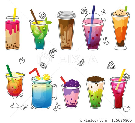 Doodle bubble tea. Fruit smoothies and refreshment drinks and toppings. Seasonal beverages, tapioca drink and fruits teas, neoteric vector set 115620809