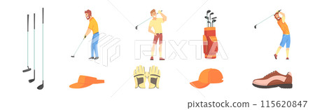 People Character Playing Golf with Club Vector Set 115620847