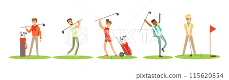 People Character Playing Golf with Club Vector Set 115620854