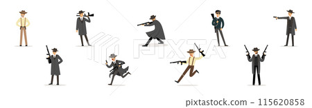 Man Gangster in Coat and Hat with Handgun Vector Set Man Gangster in Coat and Hat with Handgun Vector Set 115620858