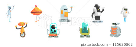 Funny Robot Character with Metal Body and Hands Vector Set Funny Robot Character with Metal Body and Hands Vector Set 115620862