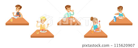 Little Kids Sit at Table Eat Breakfast Meal Vector Set Little Kids Sit at Table Eat Breakfast Meal Vector Set 115620907