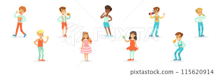 Little Boy and Girl Eat Fast Food Snack and Drink Vector Set 115620914