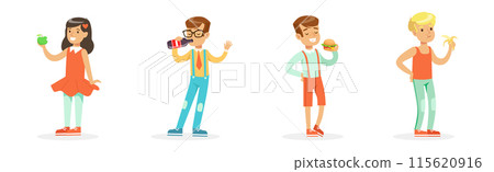 Little Boy and Girl Eat Fast Food Snack and Drink Vector Set Little Boy and Girl Eat Fast Food Snack and Drink Vector Set 115620916