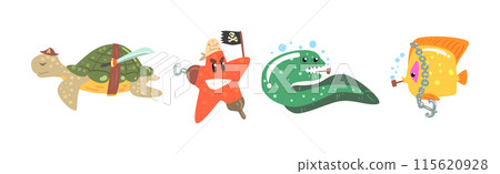 Pirate Sea Animals in Corsair Hats Swim in Ocean Vector Set Pirate Sea Animals in Corsair Hats Swim in Ocean Vector Set 115620928