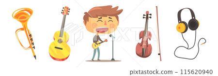Boy Singer and Musician with Profession Instrument Vector Set 115620940