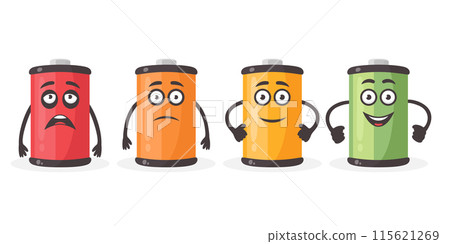 Low Battery and Full Battery Character Set. Funny Battery Characters with Full, Slightly Depleted, Nearly Depleted and Completely Depleted Low Charge. Vector Illustration Low Battery and Full Battery Character Set. Funny Battery Characters with Full, Slightly Depleted, Nearly Depleted and Completely Depleted Low Charge. Vector Illustration 115621269
