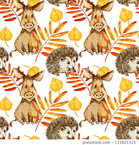 watercolor cartoon cute hedgehog and hog with autumn leaves, hand drawn illustration of yellow and orange maple leaves, mountain ash leaves, seamless pattern white background, for autumn posters 115621323