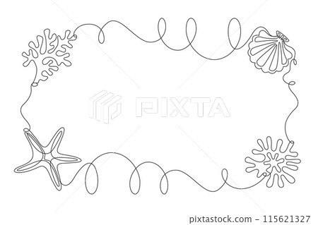 Frame with a marine theme, painted in one continuous line in a minimalistic style. Editable vector contour Frame with a marine theme, painted in one continuous line in a minimalistic style. Editable vector contour 115621327