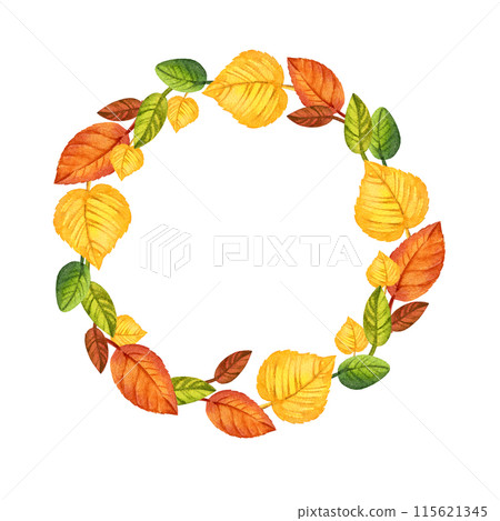 watercolor wreath of autumn forest leaves, hand drawn illustration of yellow and orange forest leaves, green and brown different leaves, sketch isolated on white background 115621345