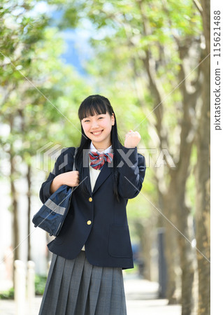 High school girl commuting to school, fresh greenery, fist pump High school girl commuting to school, fresh greenery, fist pump 115621488