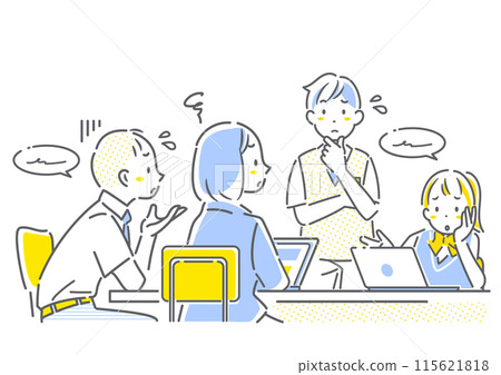 High school students working on group work - simple and stylish line drawing illustration 115621818