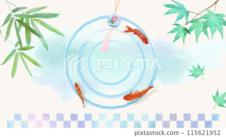 Refreshing summer background illustration material painted with watercolors No text, vector banner, goldfish, bamboo, maple leaves 115621952
