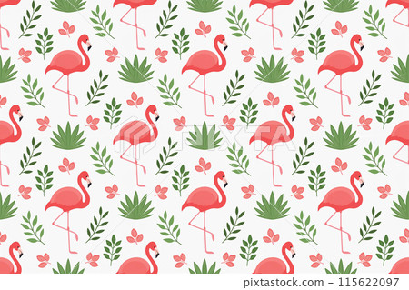 火烈鳥和植物無縫圖案，白色背景 115622097