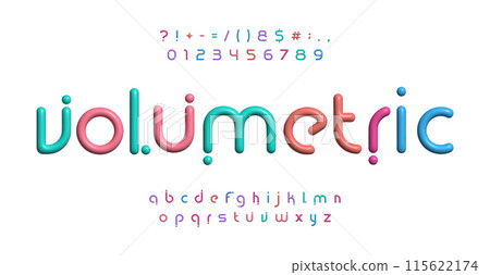 Futuristic innovative 3D colorful alphabet, thin geometric letters, unique kiddie technological toy design, trendy contemporary typeface, fun typographic art, creative logo. Vector typeset. 115622174