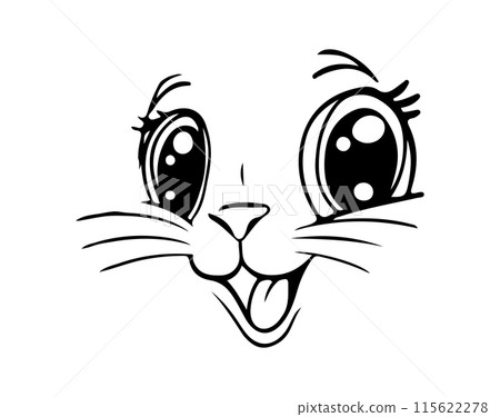 Animal face outline drawing, cute cat face with eyes and nose, fawn, pet, mascot. Smiling head of the beast. Vector line drawing for children, embroidery. 115622278