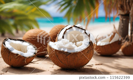Coconut exotic nourishment on horizontal blur background. Open coco nut on premium resort. 115622399