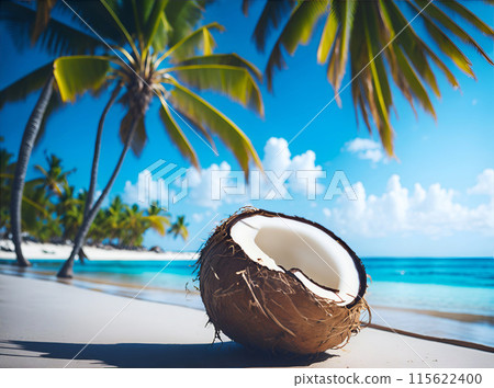 Coconut exotic nourishment on horizontal blur background. Open coco nut on premium resort. 115622400