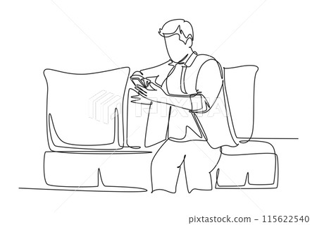 Continuous one line drawing of young relax business man sitting on sofa while writing message text to staff on smart phone. Business call direction. Single line draw design vector graphic illustration 115622540