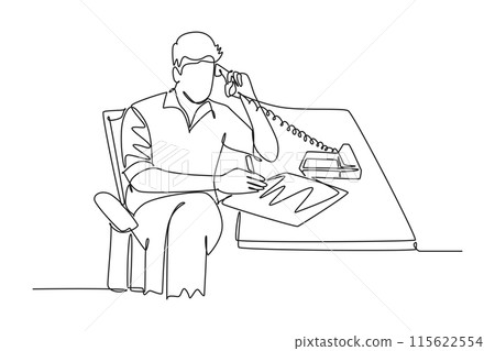 Continuous one line drawing of male startup founder reading company growth report on paper document while receiving phone from investor. Business accountability. Single line design vector illustration Continuous one line drawing of male startup founder reading company growth report on paper document while receiving phone from investor. Business accountability. Single line design vector illustration 115622554