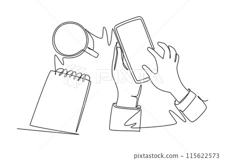 Single one line drawing of gesture hand holding touch smartphone screen doing transaction online shopping beside mug of drink. Device gadget concept. Continuous line design graphic vector illustration 115622573