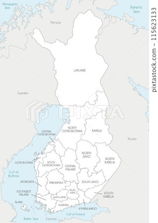 Vector map of Finland with regions or counties and administrative divisions, and neighbouring countries. Editable and clearly labeled layers. 115623133