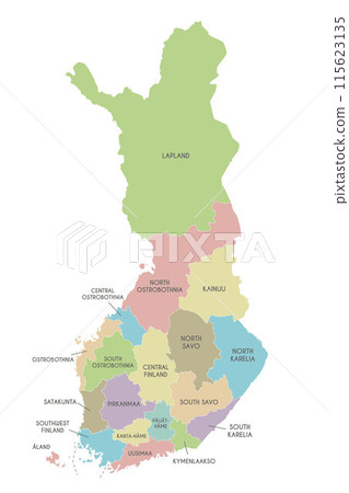Vector map of Finland with regions or counties and administrative divisions. Editable and clearly labeled layers. 115623135